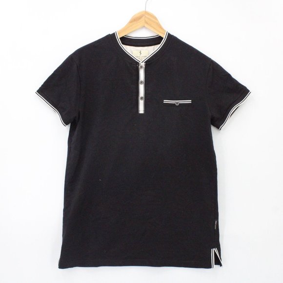 SCOTT JAMES Shirt Men Black Short Sleeve V Neck Half Button Cotton Size Medium M - Picture 1 of 9